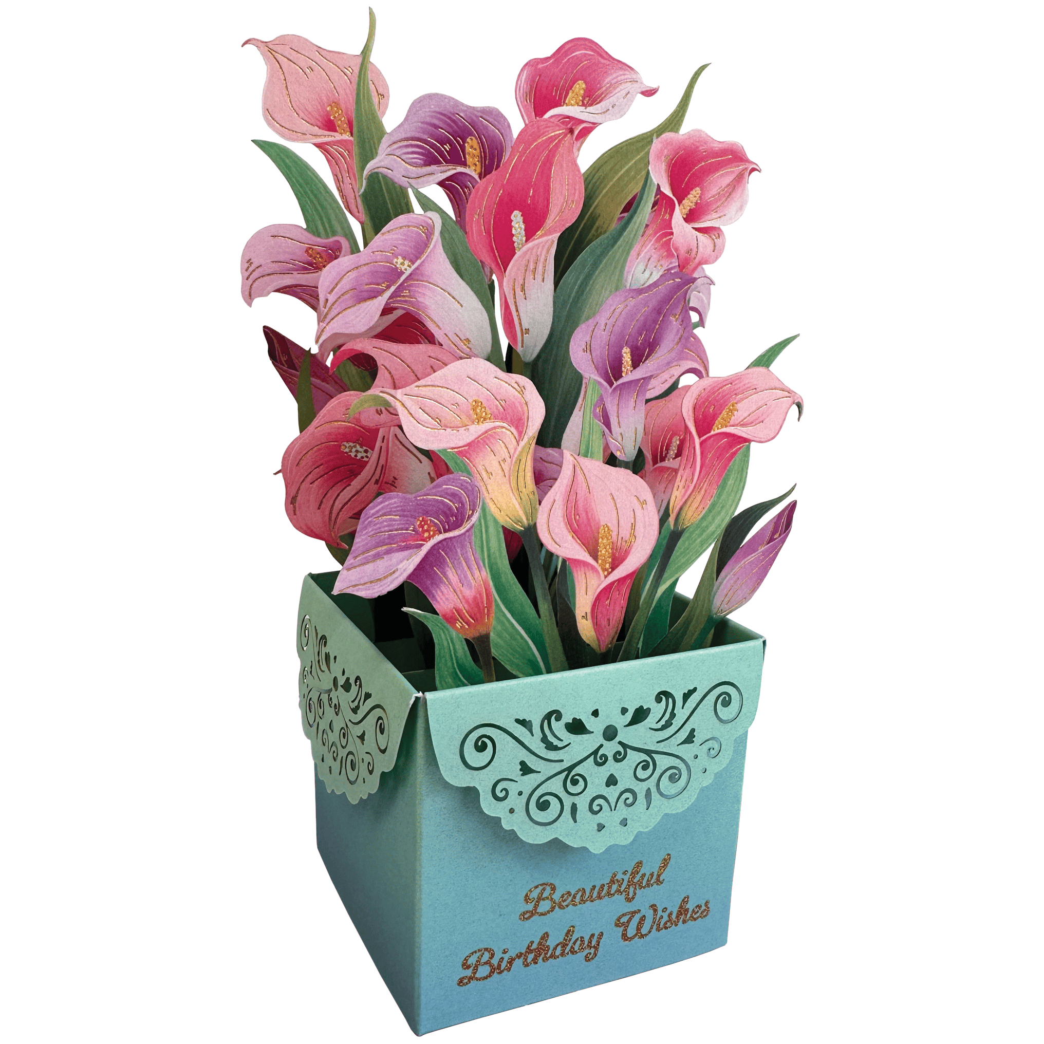 Floral pop-up birthday card from Cardmore with beautiful birthday wishes, featuring colorful flower designs inside.